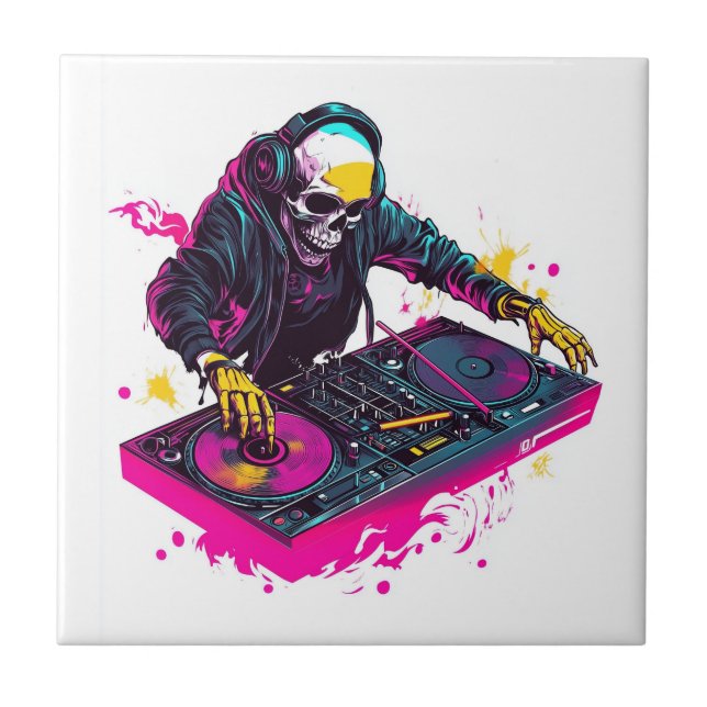 Carreau Crâne Rave � Squelette de fête EDM DJ (Devant)