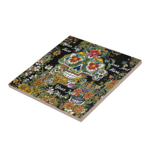 Carreau Crâne sucre Art Blooming Bones personnalisable