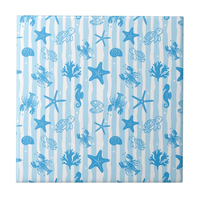 Carreau Créatures marines bleues Motif nautique doodle (Devant)