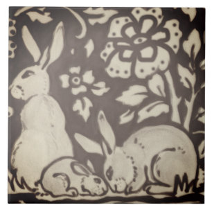 Carreau Crème Brown Lapin Feuillage Floral Bois Décor