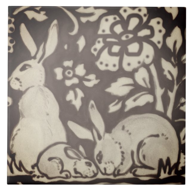 Carreau Crème Brown Lapin Feuillage Floral Bois Décor (Devant)