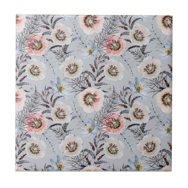 Carreau Crème, fleurs florales sur gris clair (Devant)