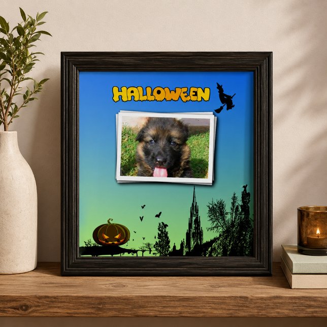 Carreau Crépuscule d'Halloween avec sorcière Ajouter un ca (Halloween Dusk with Witch Add Photo Frame Ceramic Tile)