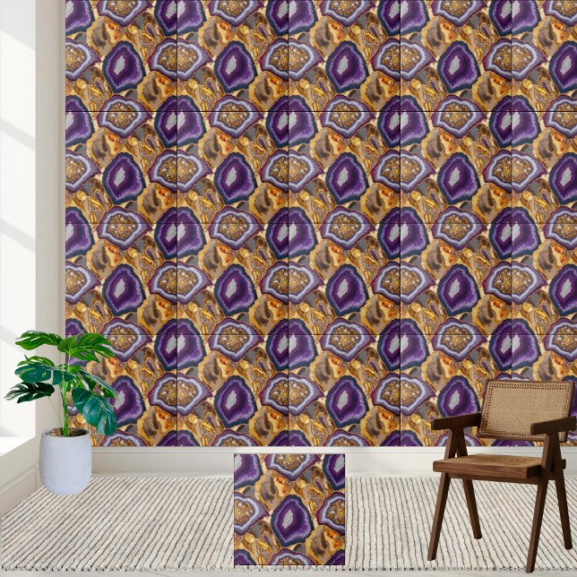 Carreau Cristaux étincelants de mauve et d'or Géode Agate (Sparkling Crystals of Purple and Gold Geode Agate Ceramic Tile)