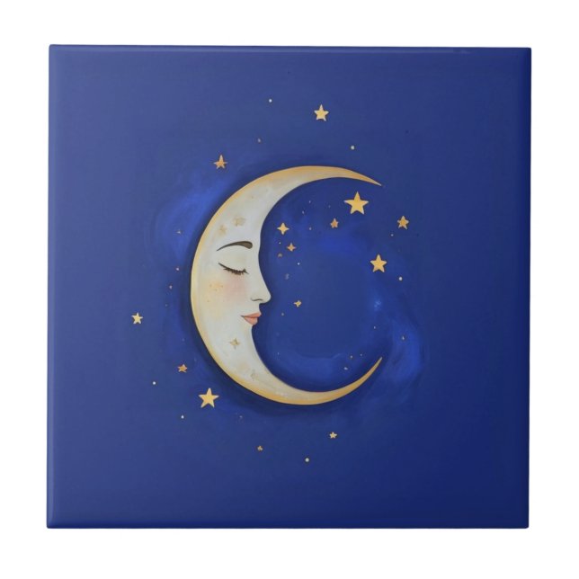Carreau Croissant de lune céleste avec visage or bleu fonc (Devant)