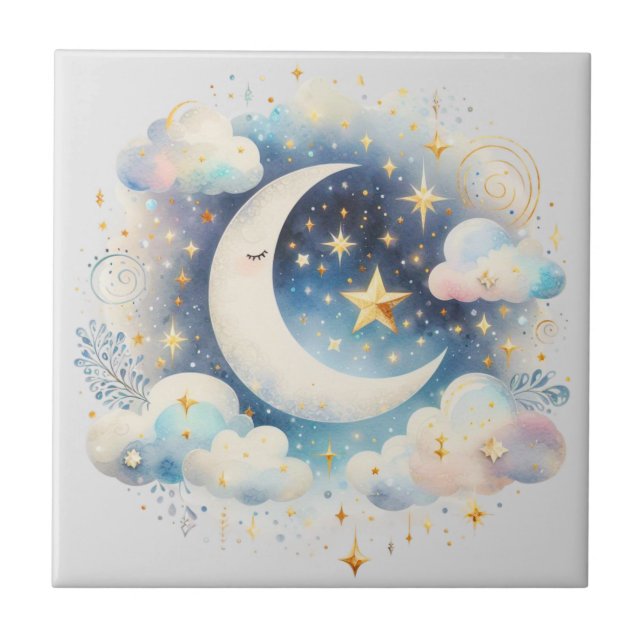 Carreau Croissant de Lune Céleste Bleu et Blanc Bohème Mod (Devant)