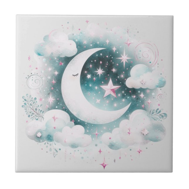 Carreau Croissant de Lune Céleste Bleu et Blanc Bohème Mod (Devant)