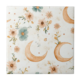 Carreau Croissant de lune floral céleste doré pailleté