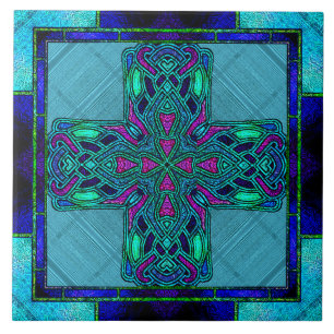 Carreau Croix celtique en verre coloré bleu et aqua