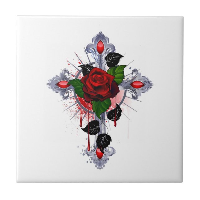 Carreau Croix d'argent avec une rose rouge (Devant)