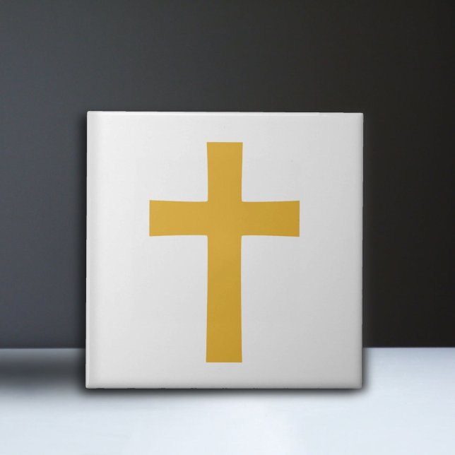 Carreau Croix d'or en blanc (Gold Cross on White Ceramic Tile)