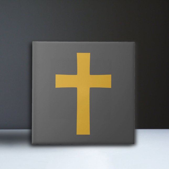 Carreau Croix d'or sur Noir (Gold Cross on Black Ceramic Tile)