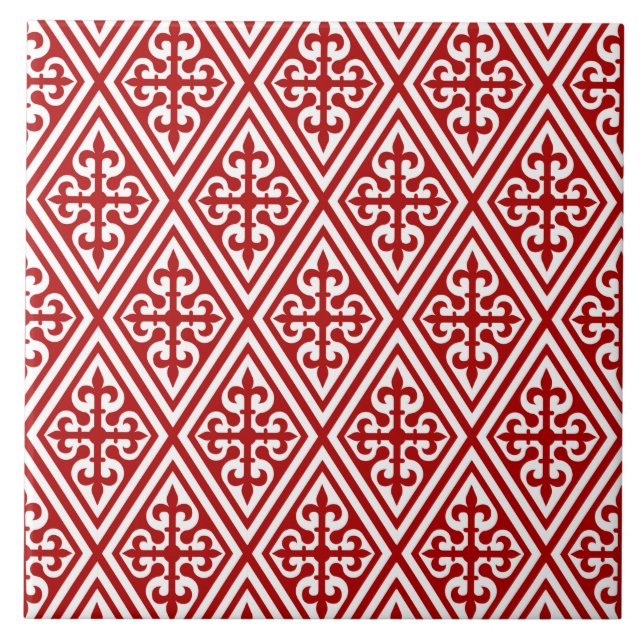 Carreau Croix médiévale Damask - Rouge profond et blanc (Devant)