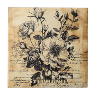 Carreau Croquis botanique de rose sépia vintage en écritur