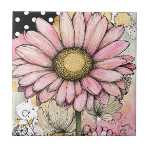 Carreau Croquis de fleur de marguerite rose avec centre ja