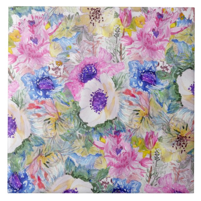 Carreau croquis floral Abstrait aquarelle peinture à la ma (Devant)