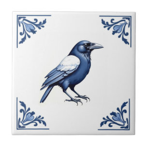 Carreau Crow Delft Bleu et Blanc Floral Corners Oiseau