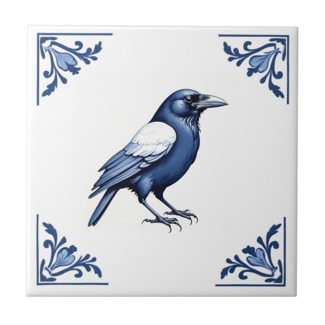 Carreau Crow Delft Bleu et Blanc Floral Corners Oiseau (Devant)