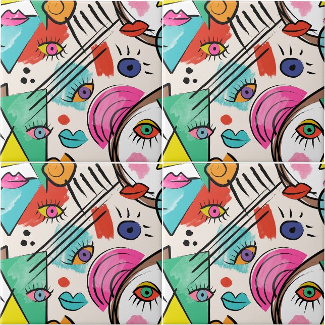 Carreau Cubisme moderne Artsy Abstrait Femme Visages Art (Modern Cubism Abstract Artsy Female Faces Art Ceramic Tile)