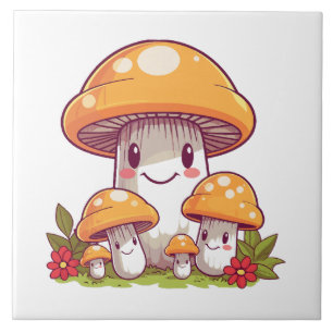 Carreau Cueillette de champignons, style kawaii heureux