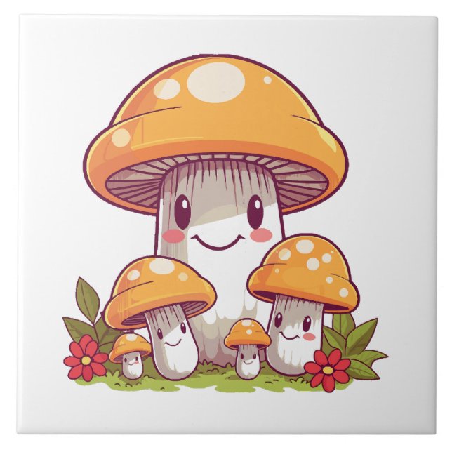 Carreau Cueillette de champignons, style kawaii heureux (Devant)