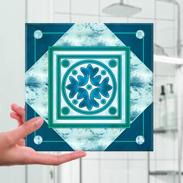 Carreau Cuisine ou carrelage de salle de bain turquoise bl (Modern design kitchen or bathroom tile featuring an abstract geometric pattern in teal turquoise)