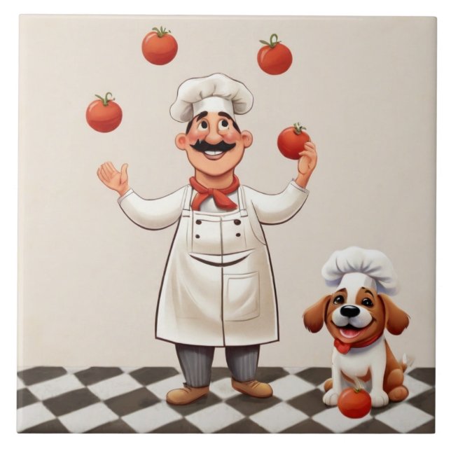 Carreau Cuisinier joyeux : cuisinier français jonglant ave (Devant)