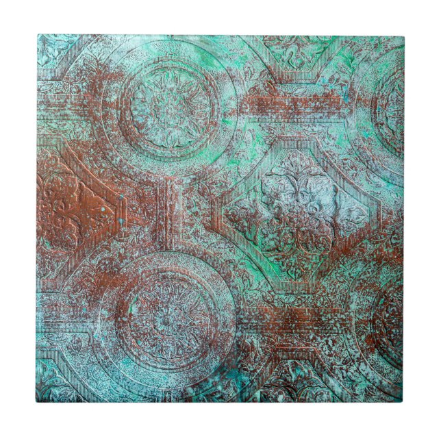 Carreau Cuivre à Patine Rustique Avec Turquoise  (Devant)