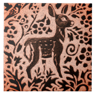 Carreau Cuivre Brown Bois Faune Cerf Floral Automne Trivet