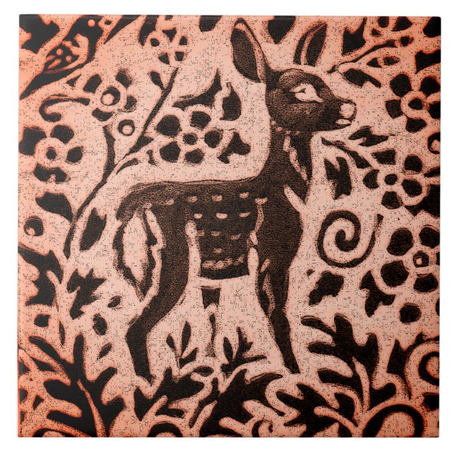 Carreau Cuivre Brown Bois Faune Cerf Floral Automne Trivet (Devant)