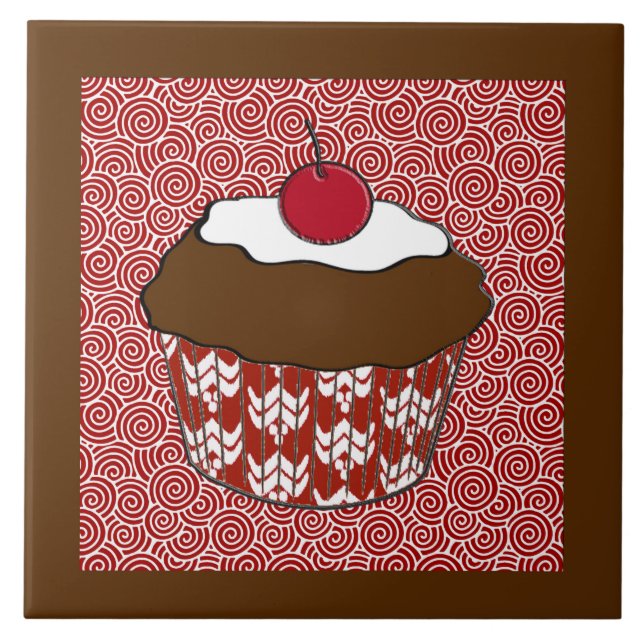 Carreau Cupcake au chocolat sur Motif rouge et blanc (Devant)