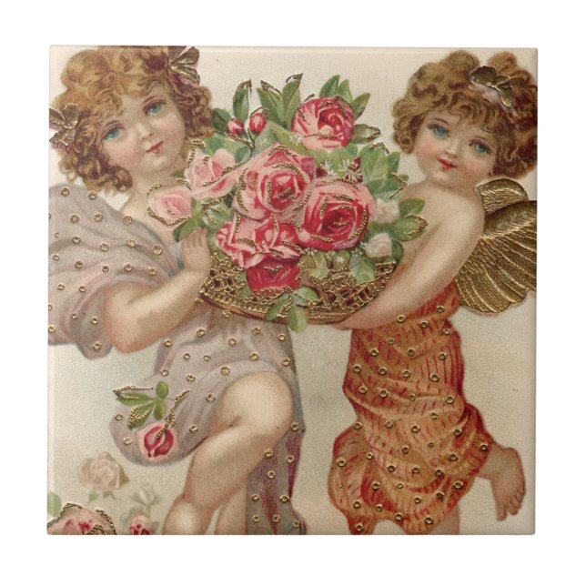 Carreau Cupidon Chérubin Ange Panier Roses Rose (Devant)