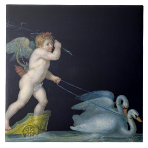 Carreau Cupidon mené par une paire de cygnes (huile sur l