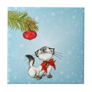 Carreau Curieux Kitty de Noël Avec Un Bow Rouge