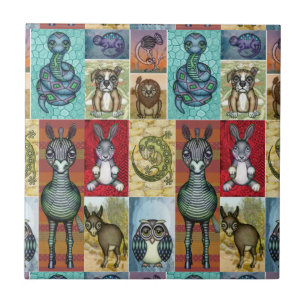 Carreau Cute Animal Collage Folk Art Design