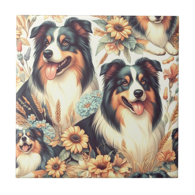 Carreau Cute Australian Shepherd peinture Vintage (Devant)