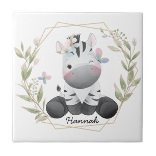 Carreau Cute Baby Zebra Flower Wreath Nom personnalisé