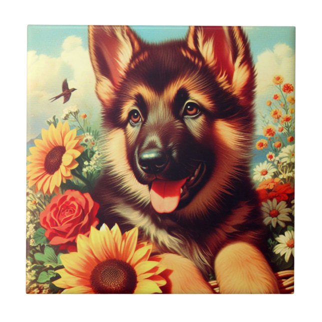 Carreau Cute berger allemand Peinture de chiot (Devant)
