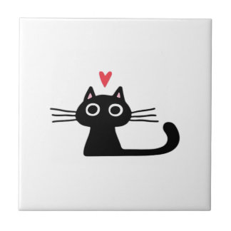 Carreau Cute Black Cat with Heart  Kitten Valentine Classi