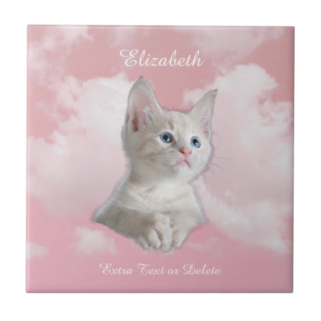 Carreau Cute Blanc Kitten Pink Sky Nuages Nom, Texte suppl (Devant)