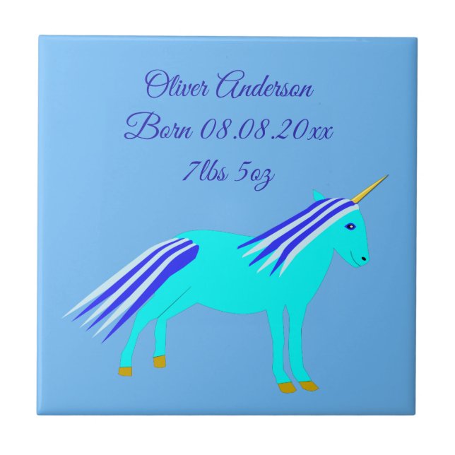 Carreau Cute Blue Baby Boy Unicorn Custom Birth (Devant)
