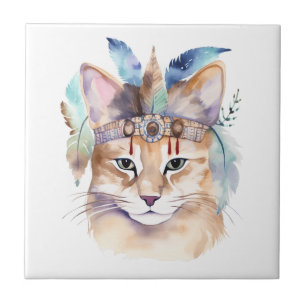 Carreau Cute boho aquarelle hippie chat design