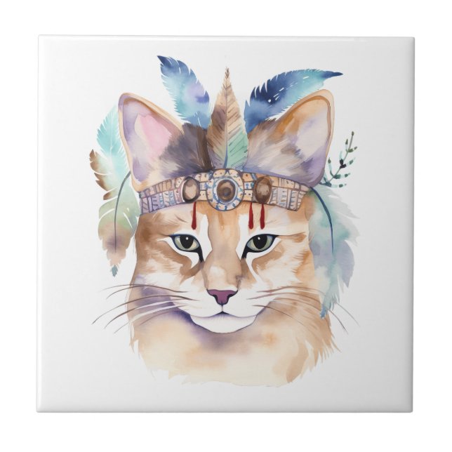 Carreau Cute boho aquarelle hippie chat design (Devant)