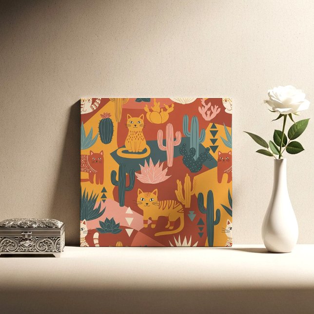 Carreau Cute Boho Desert Cats Cactus Succulent Pattern (Créateur téléchargé)