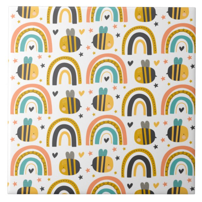 Carreau Cute Bumble Bee et Rainbows Motif (Devant)