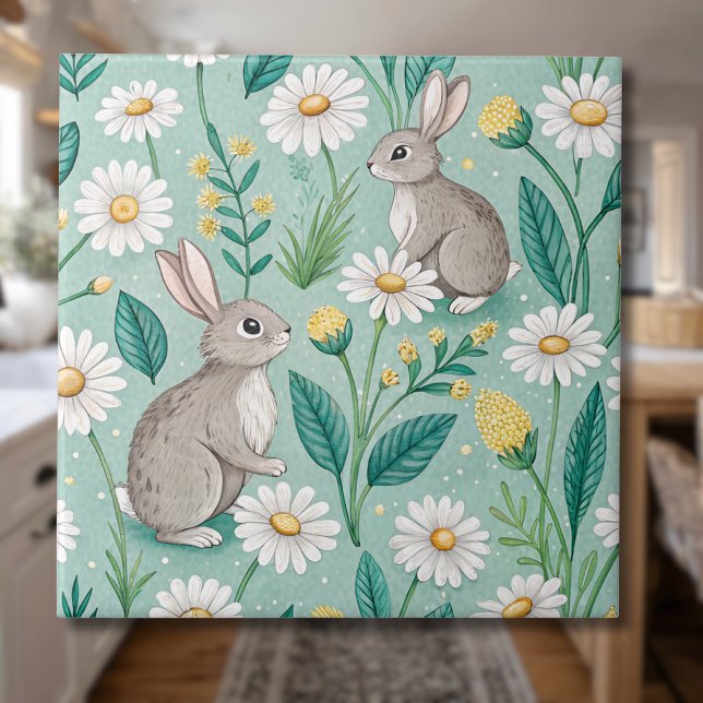 Carreau Cute Bunnies Sitting Among White Daisies (Créateur téléchargé)