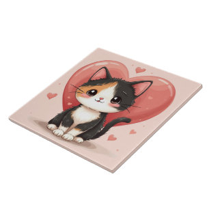 Carreau Cute Calico Cat Heart Kawaii Valentine's Art