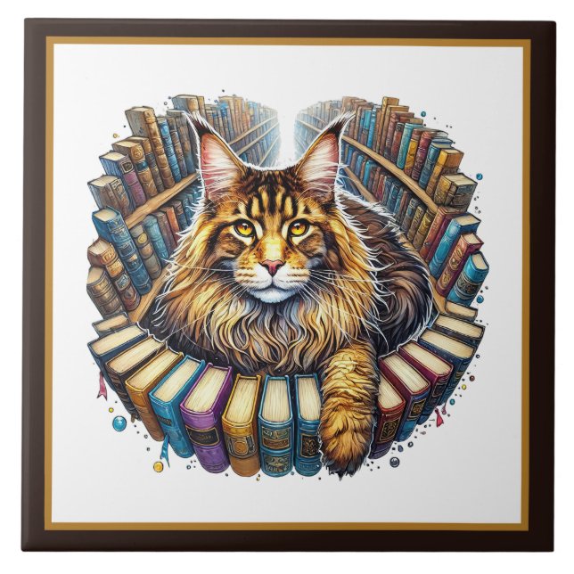 Carreau Cute cat reading nook library book lovers  (Devant)