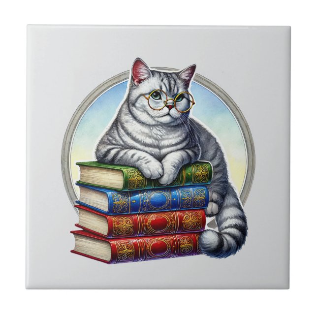 Carreau Cute cat reading nook library book lovers  (Devant)