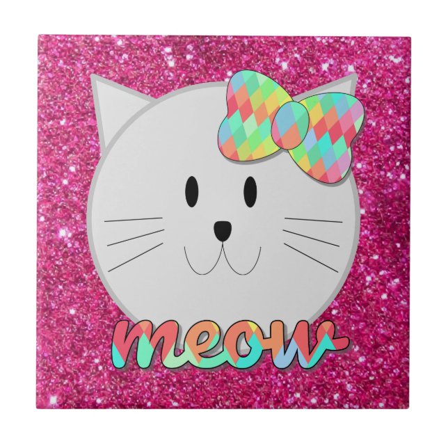 Carreau Cute chat Meow arc-en-ciel Bow rose Parties scinti (Devant)